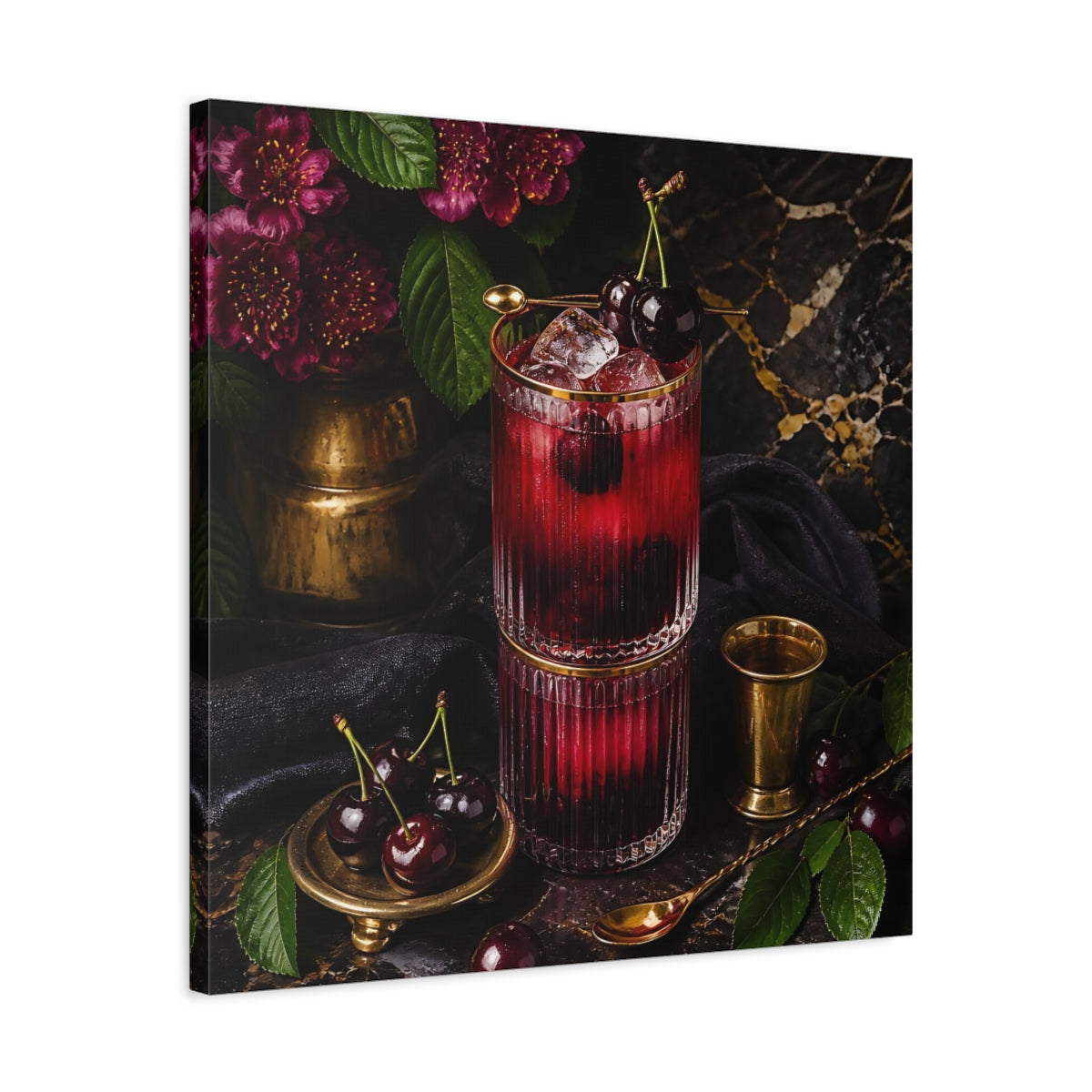 Side Mockup 4. Nature Cherry Cocktail Burgundy And Gold shown as stretched canvas wall art