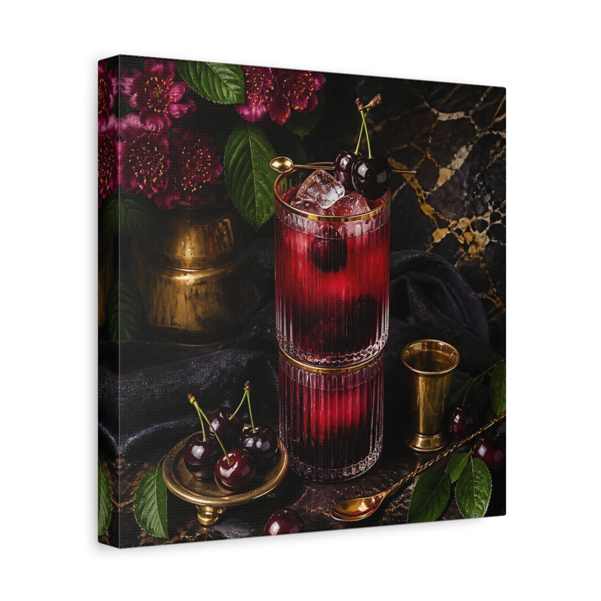 Side Mockup 8. Nature Cherry Cocktail Burgundy And Gold shown as stretched canvas wall art