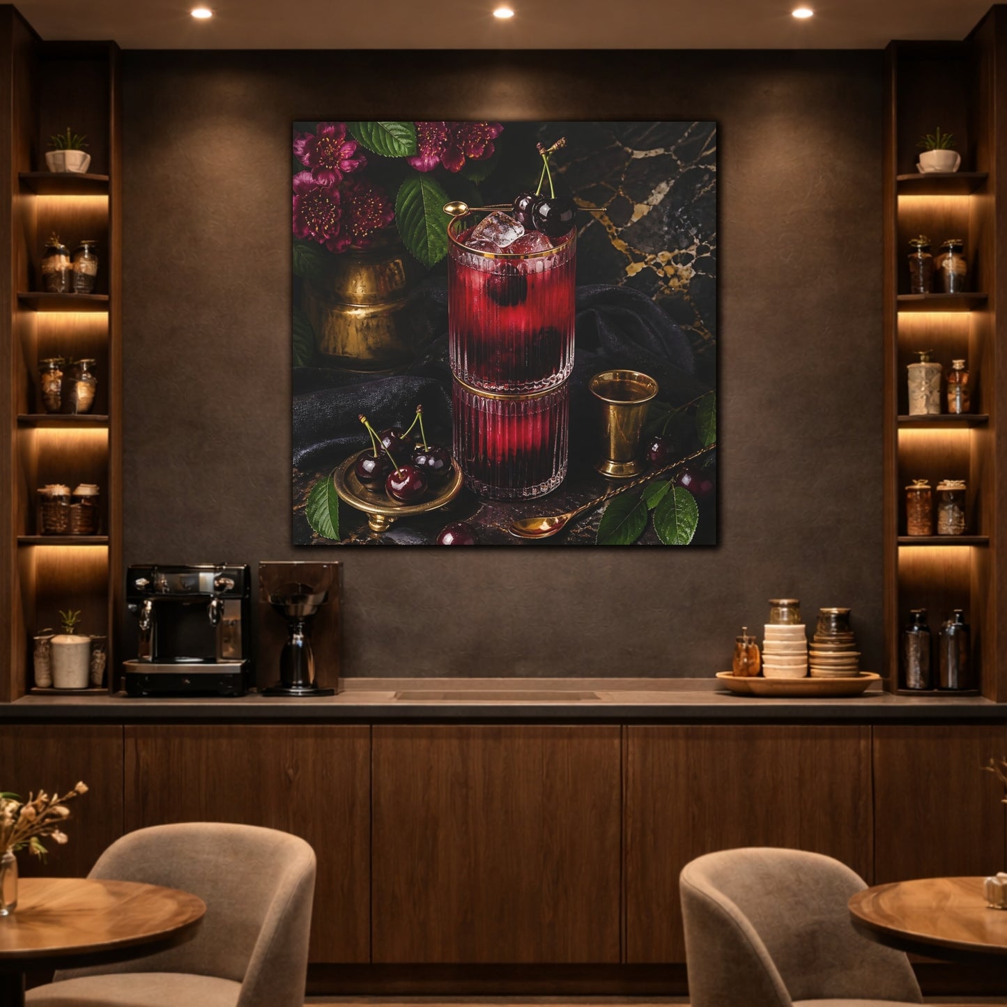 Mockup 2. Nature Cherry Cocktail Burgundy And Gold shown as stretched canvas wall art