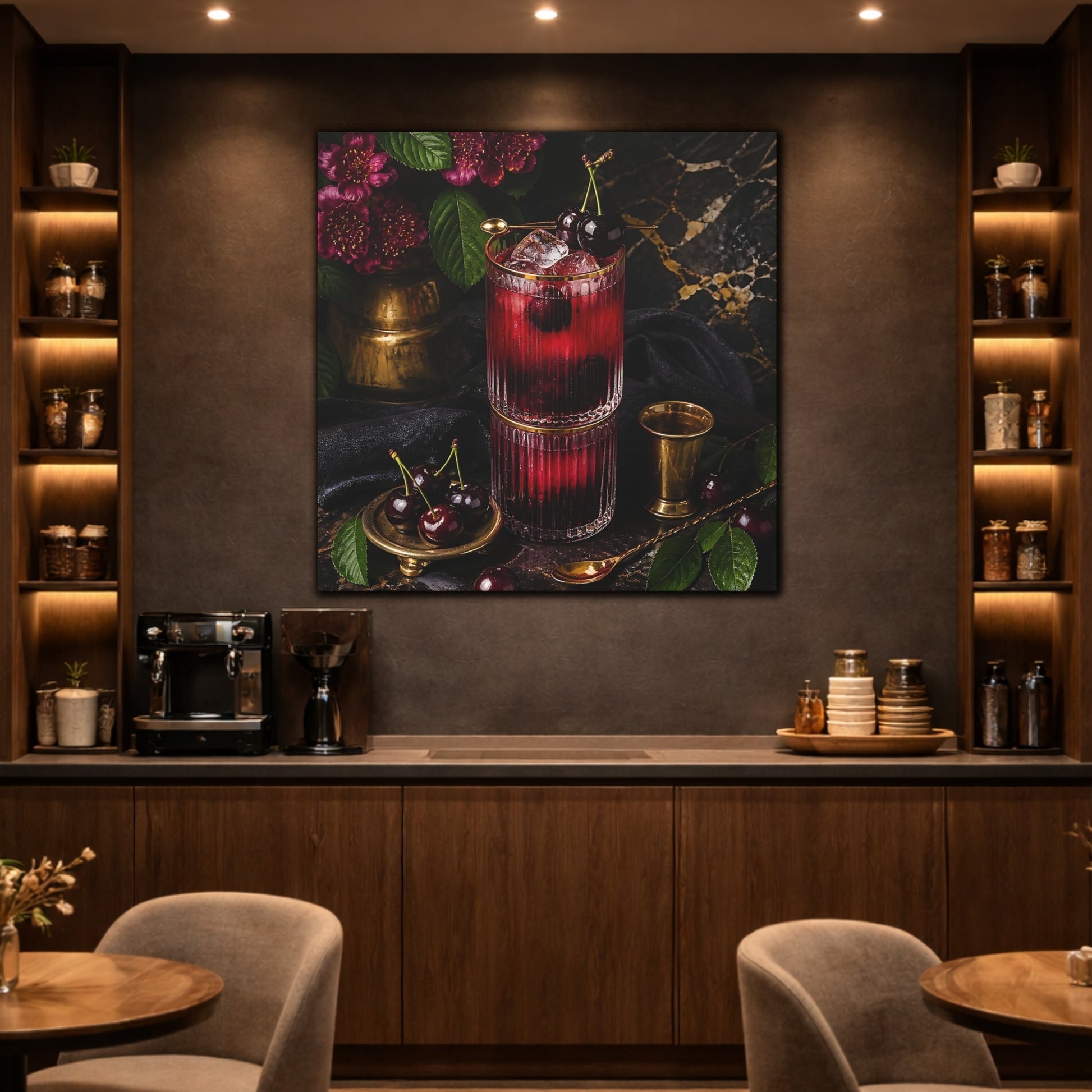 Mockup 2. Nature Cherry Cocktail Burgundy And Gold shown as stretched canvas wall art