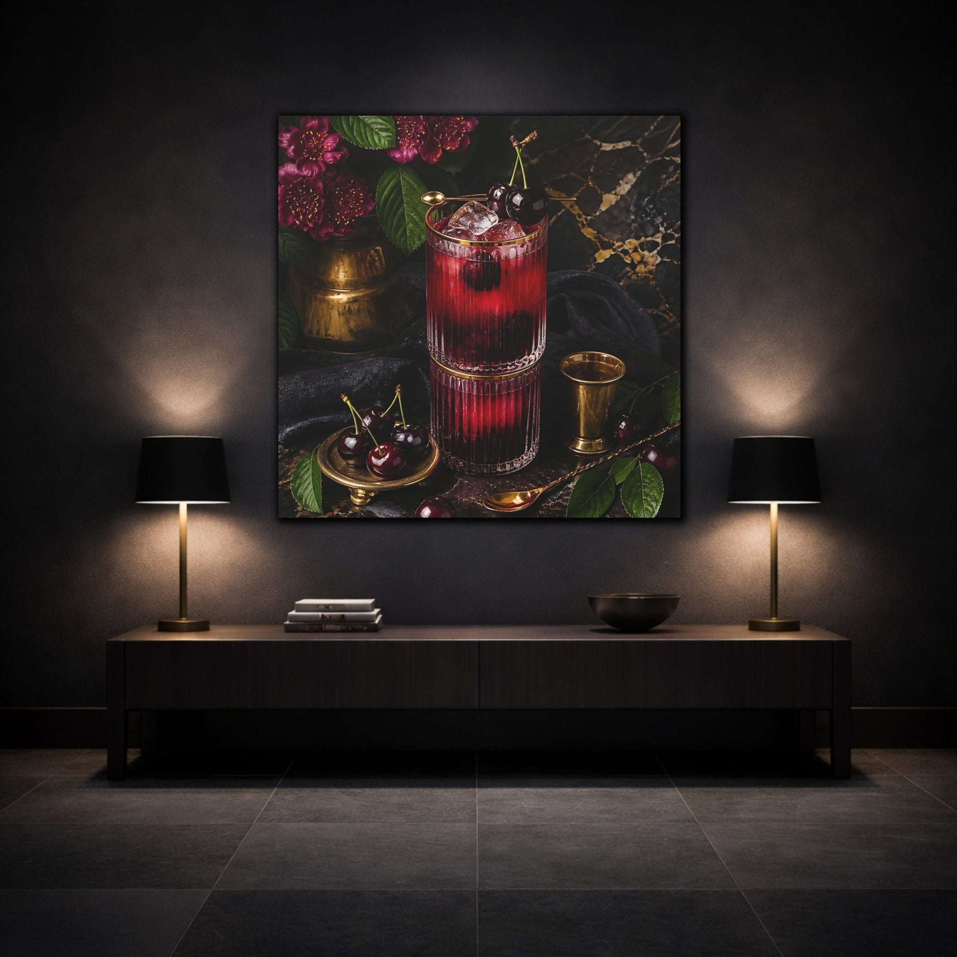 Mockup 3. Nature Cherry Cocktail Burgundy And Gold shown as stretched canvas wall art