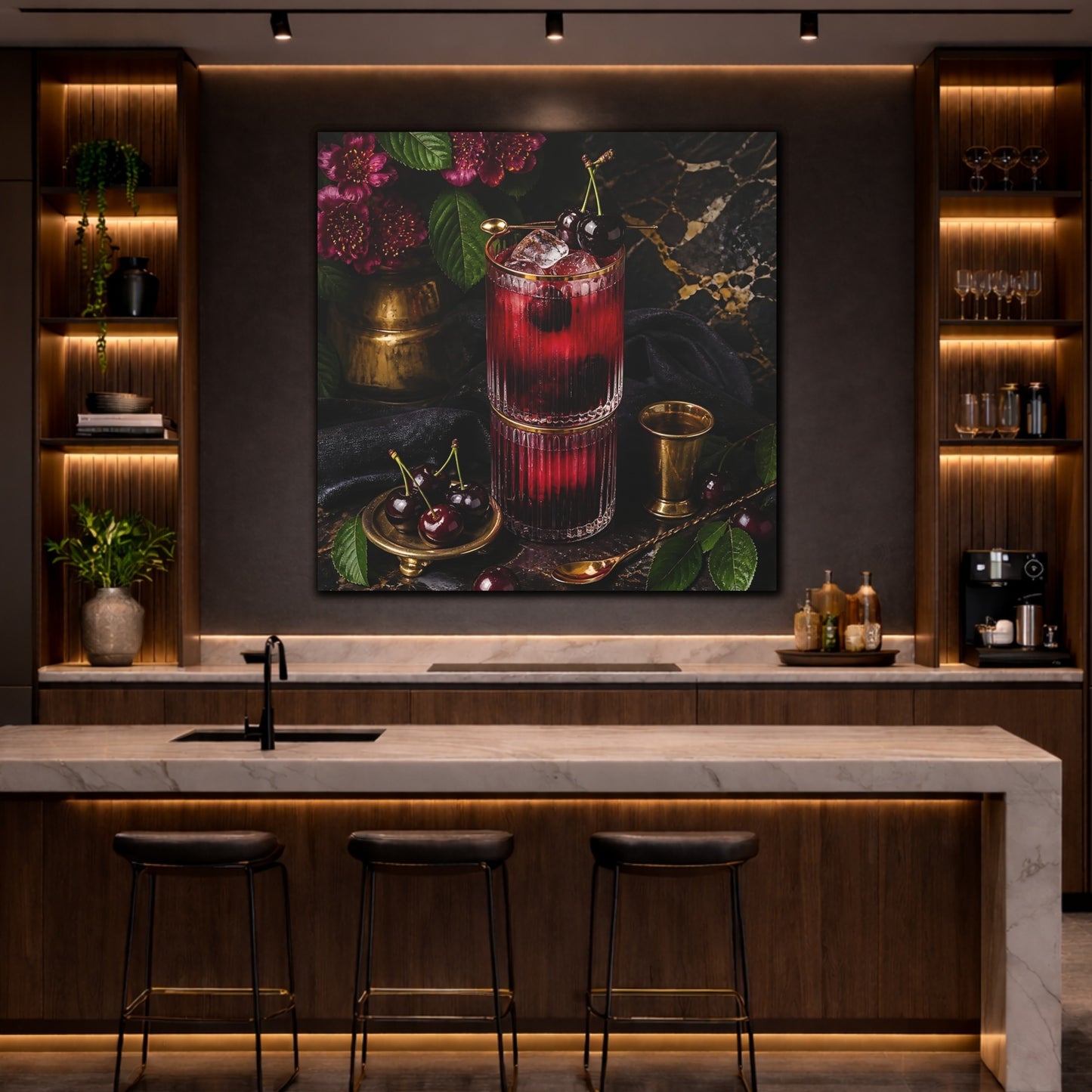 Mockup 4. Nature Cherry Cocktail Burgundy And Gold shown as stretched canvas wall art