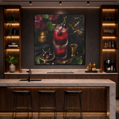 Mockup 4. Nature Cherry Cocktail Burgundy And Gold shown as stretched canvas wall art