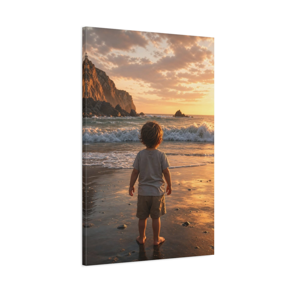Nature Child Sunset Beach Canvas Wall Art Print - Realistic Decor for Living Room, Above Fireplace shown as canvas wall art