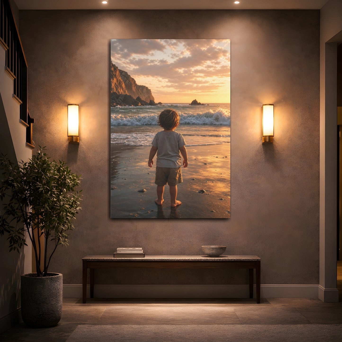 Nature Child Sunset Beach Canvas Wall Art Print - Realistic Decor for Living Room, Above Fireplace shown as canvas wall art