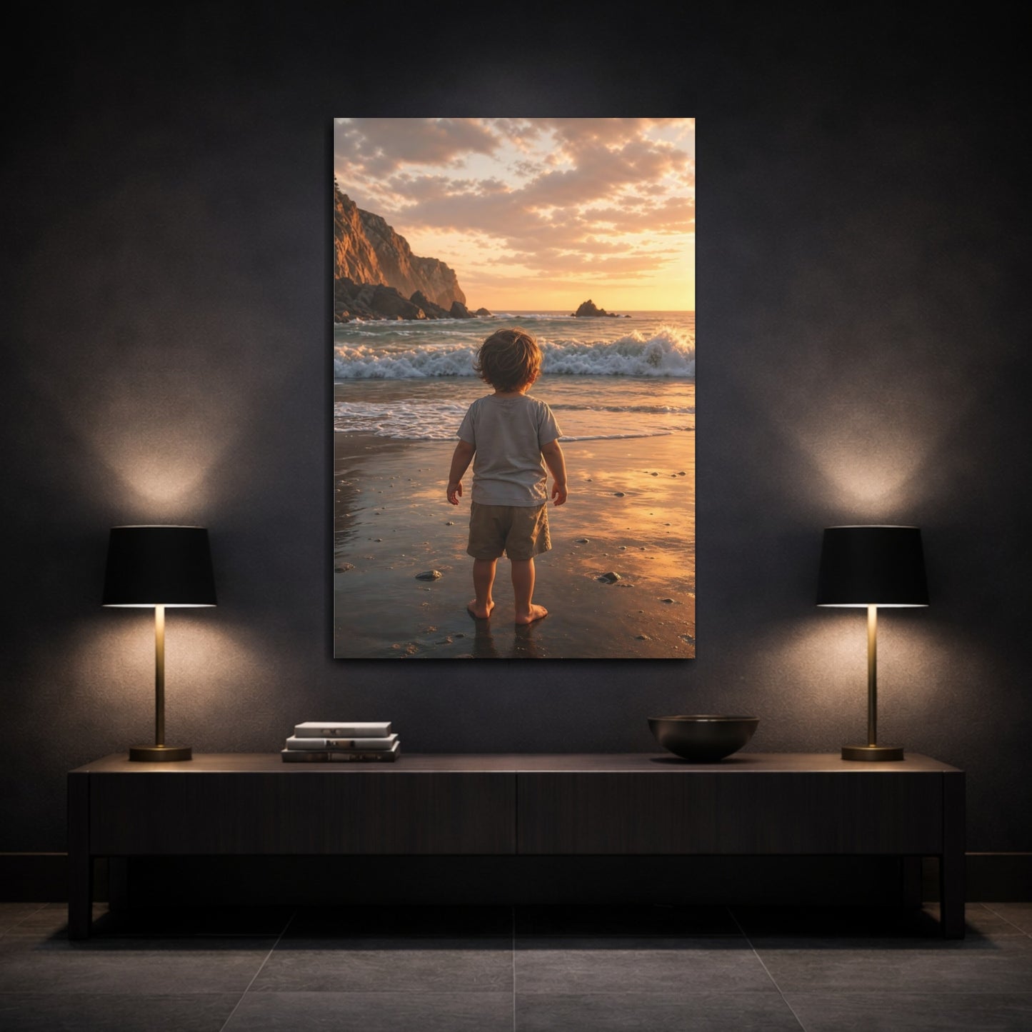 Nature Child Sunset Beach Canvas Wall Art Print - Realistic Decor for Living Room, Above Fireplace shown as canvas wall art