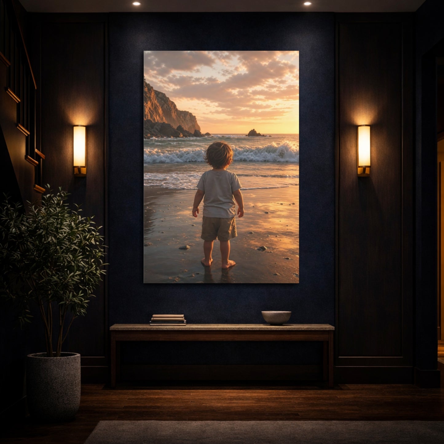 Nature Child Sunset Beach Canvas Wall Art Print - Realistic Decor for Living Room, Above Fireplace shown as canvas wall art
