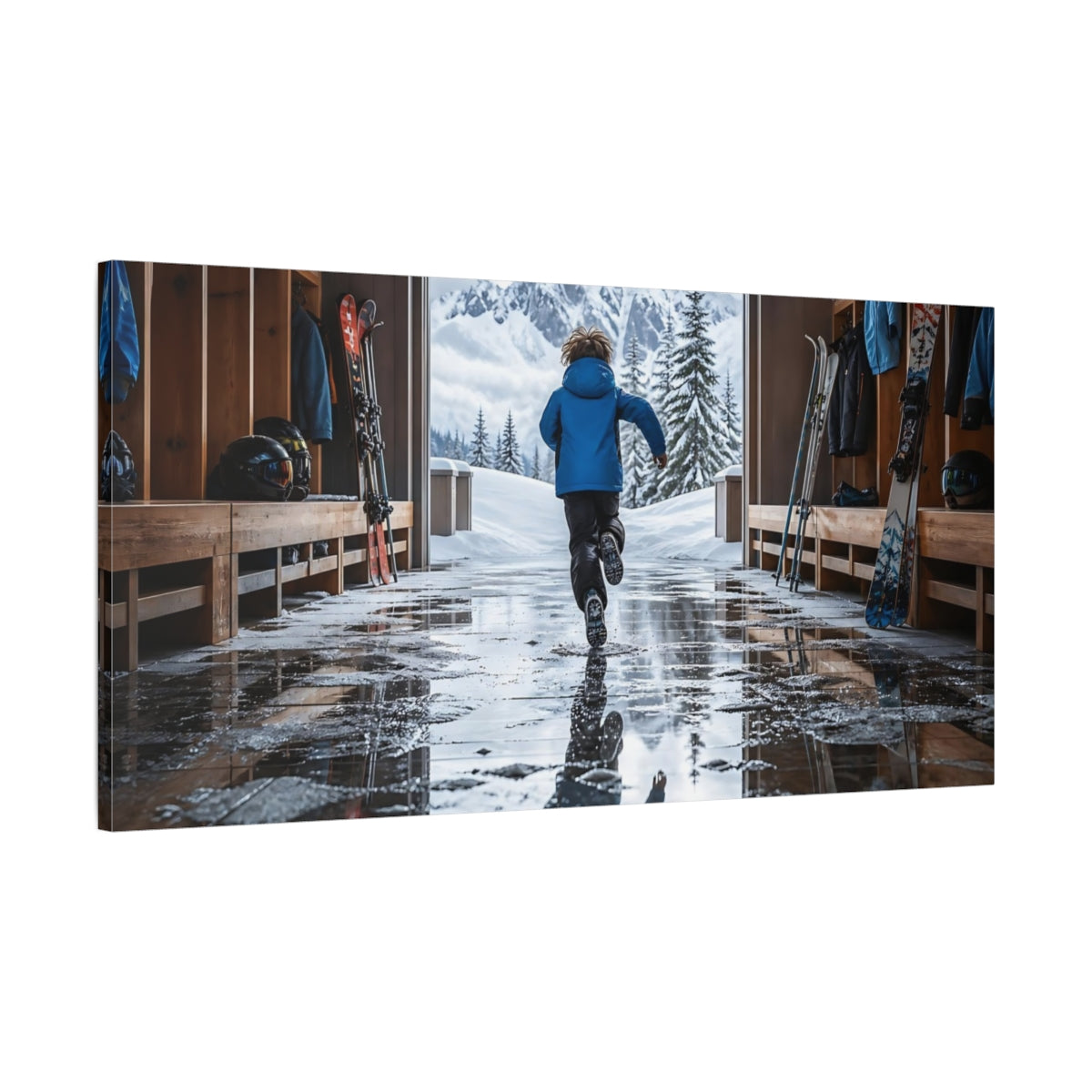 Main Mockup. Nature Child Running Winter Adventure shown as canvas print