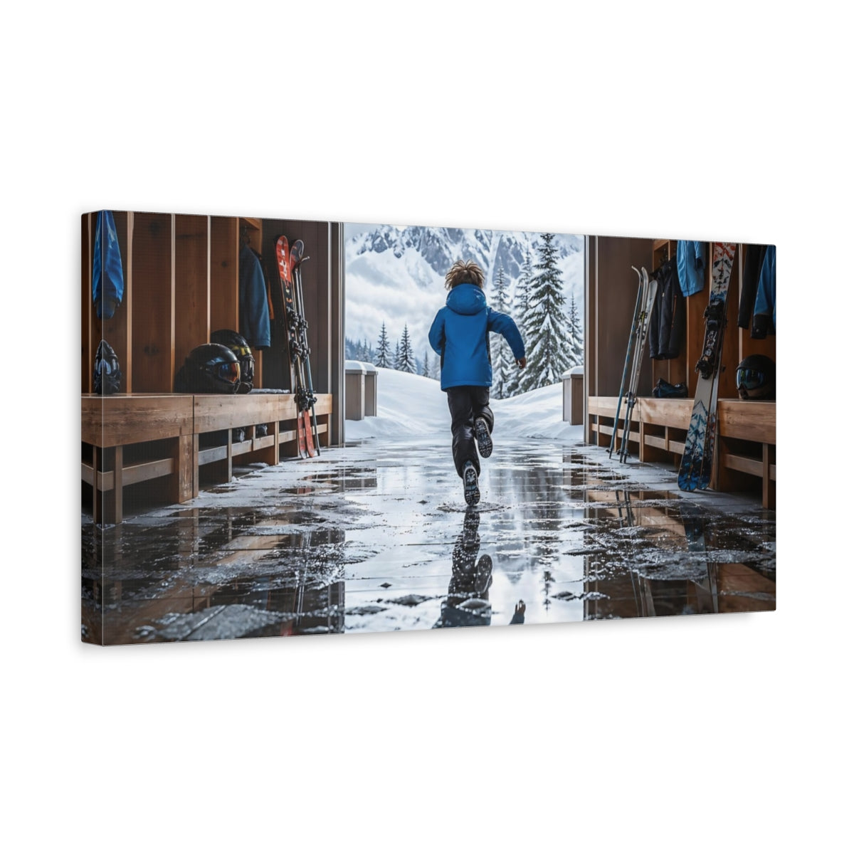 Side Mockup 3. Nature Child Running Winter Adventure shown as canvas print