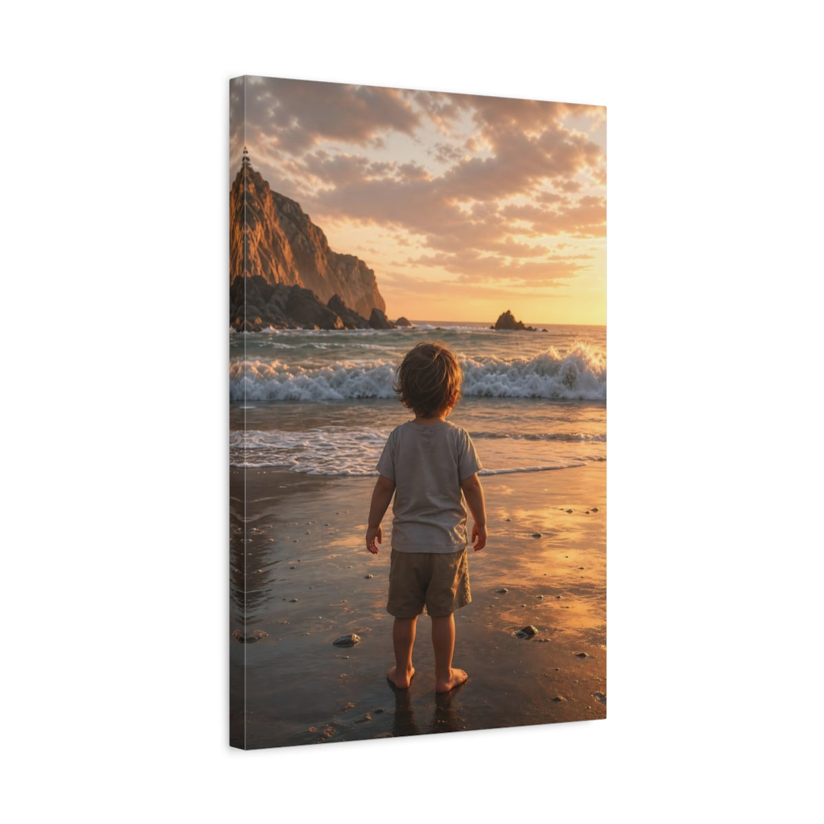 Nature Child Sunset Beach Canvas Wall Art Print - Realistic Decor for Living Room, Above Fireplace shown as canvas wall art