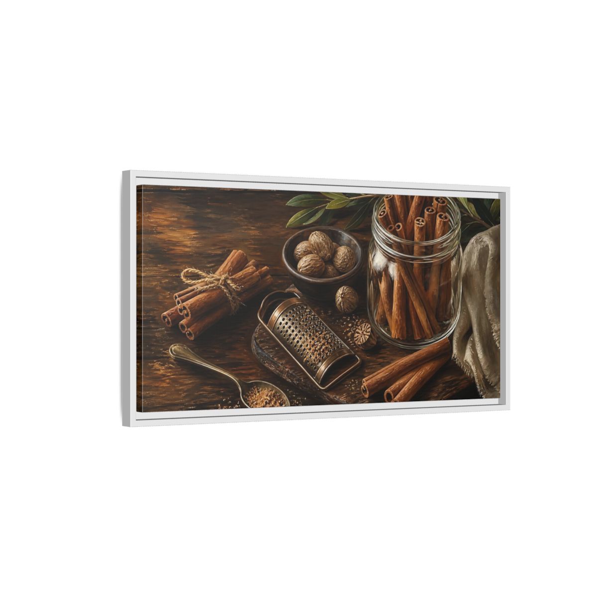 Side Mockup 1. Nature Cinnamon Brown Spices shown as framed canvas print