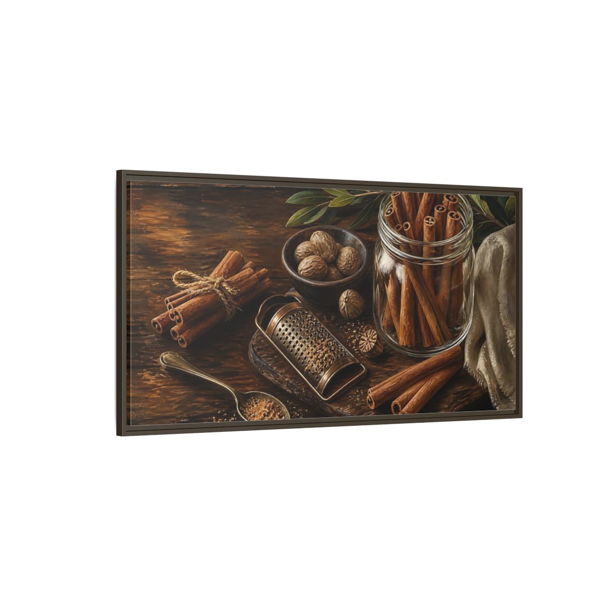 Side Mockup 4. Nature Cinnamon Brown Spices shown as framed canvas print