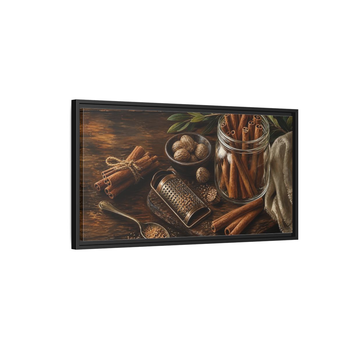 Side Mockup 2. Nature Cinnamon Brown Spices shown as framed canvas print