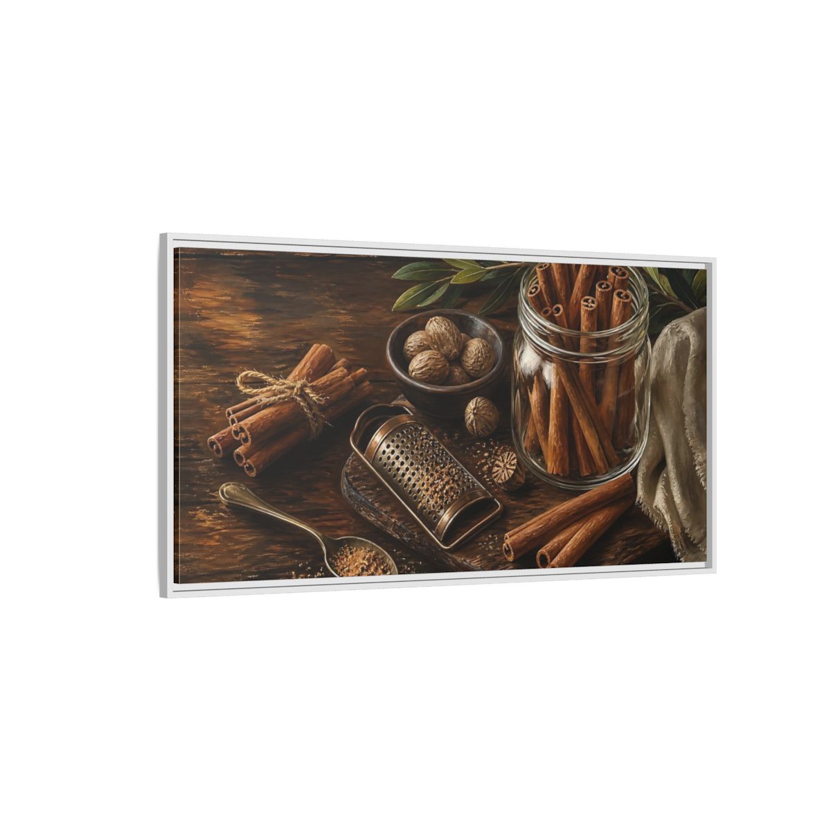 Side Mockup 3. Nature Cinnamon Brown Spices shown as framed canvas print