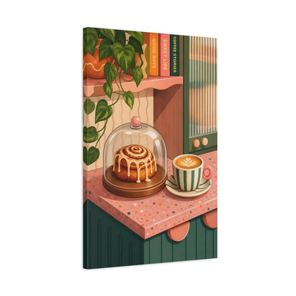Side Mockup 2. Nature Cinnamon Roll, Coffee Pink And Green shown as stretched canvas wall art