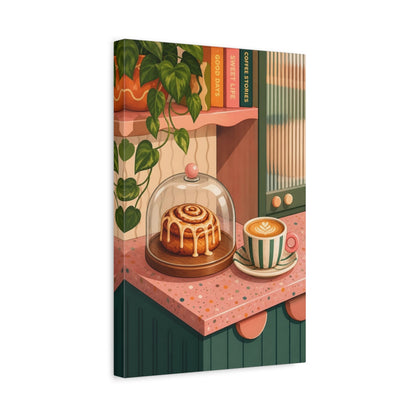 Side Mockup 4. Nature Cinnamon Roll, Coffee Pink And Green shown as stretched canvas wall art