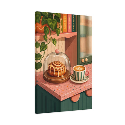 Main Mockup. Nature Cinnamon Roll, Coffee Pink And Green shown as stretched canvas wall art