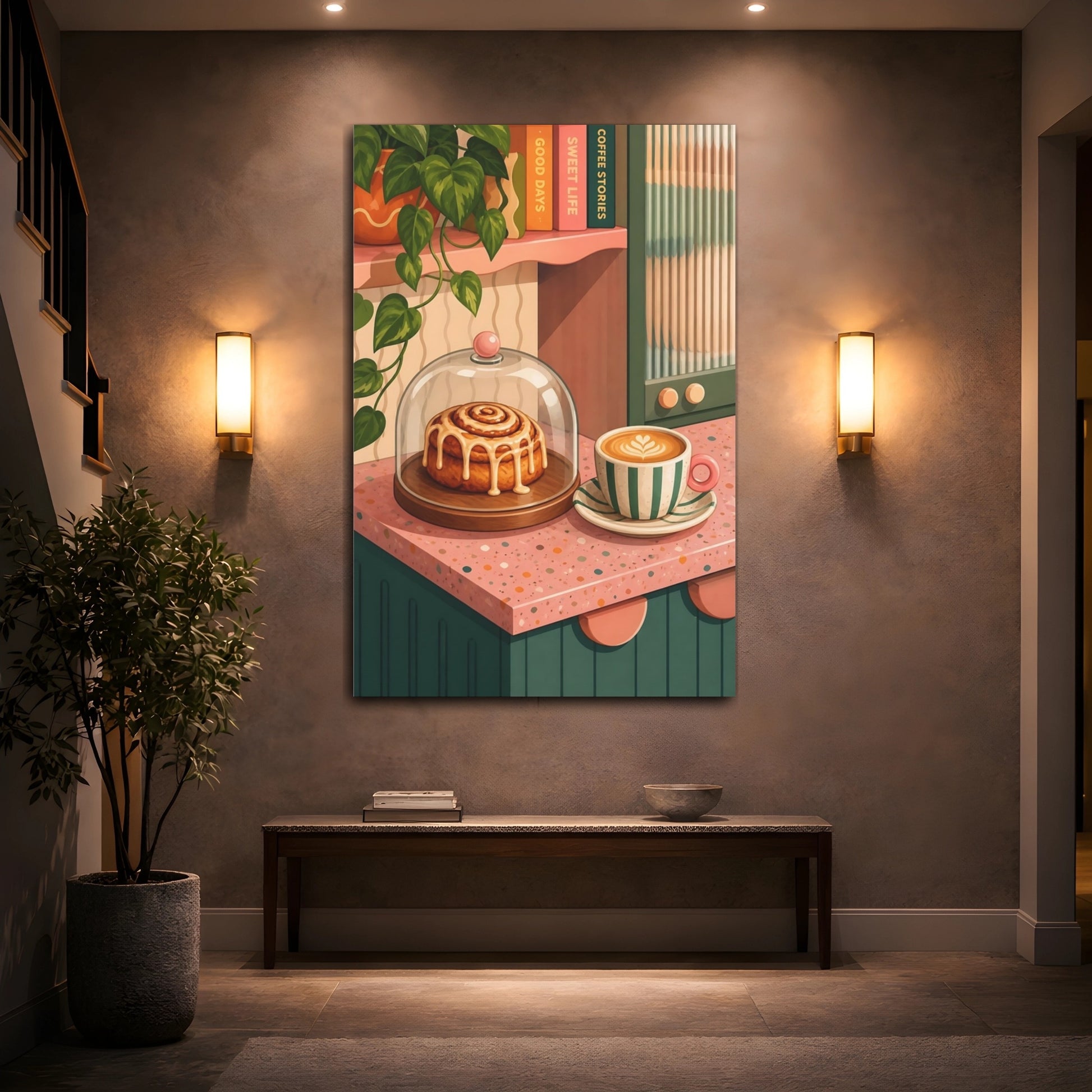 Mockup 2. Nature Cinnamon Roll, Coffee Pink And Green shown as stretched canvas wall art