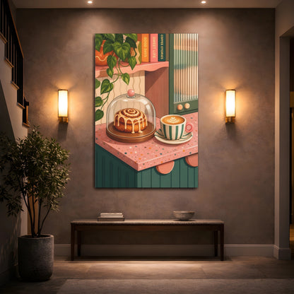 Mockup 2. Nature Cinnamon Roll, Coffee Pink And Green shown as stretched canvas wall art