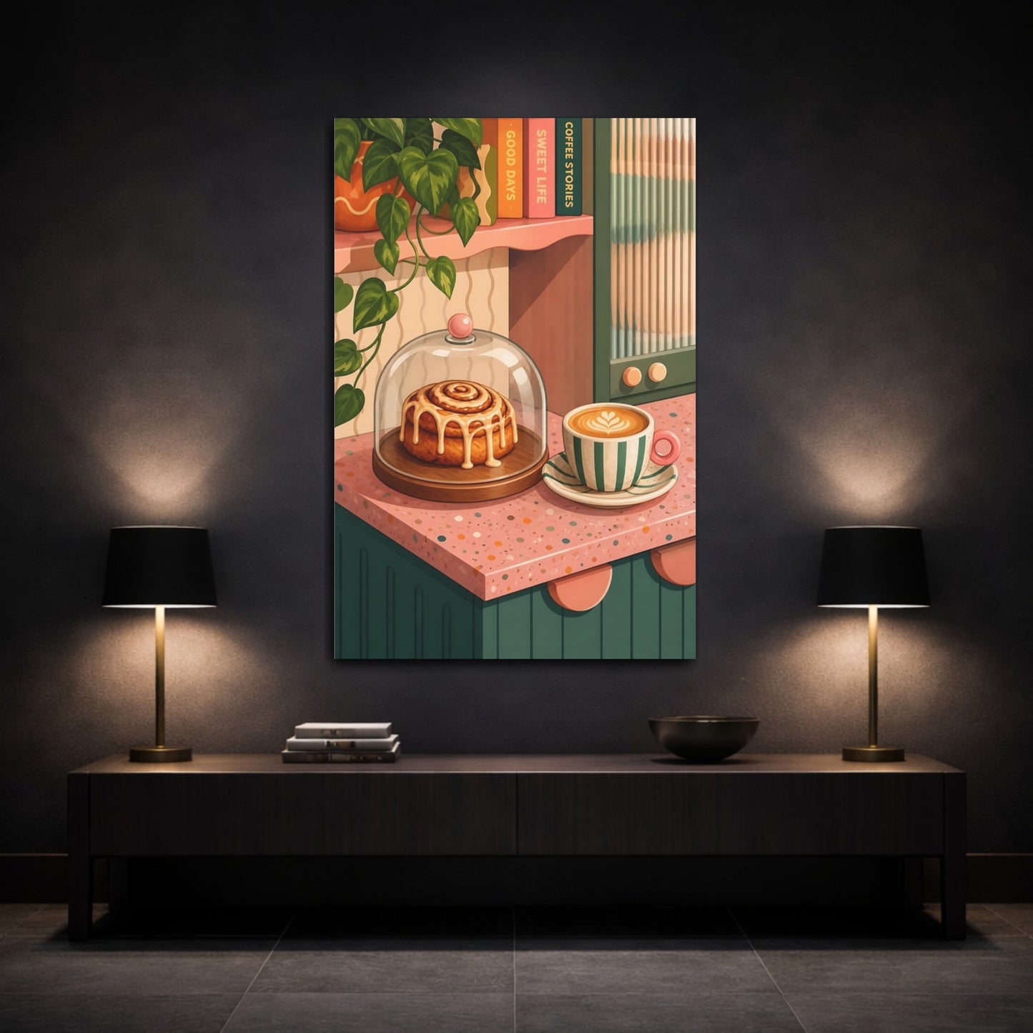 Mockup 3. Nature Cinnamon Roll, Coffee Pink And Green shown as stretched canvas wall art