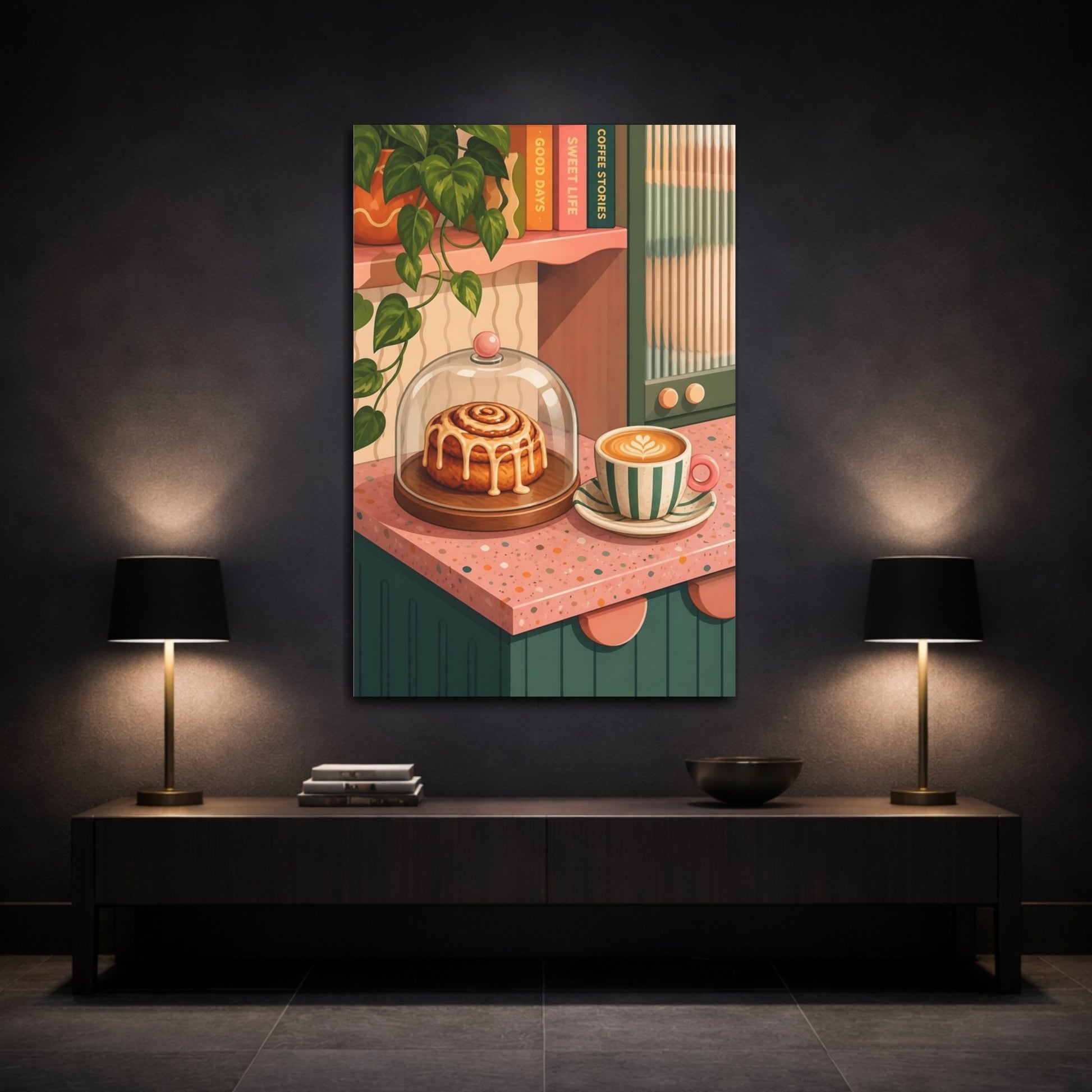 Mockup 3. Nature Cinnamon Roll, Coffee Pink And Green shown as stretched canvas wall art