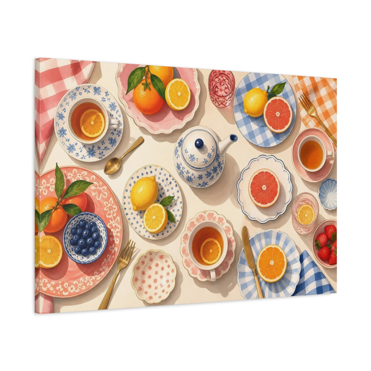 Main Mockup. Nature Citrus Fruits Afternoon Tea Scene shown as stretched canvas wall art