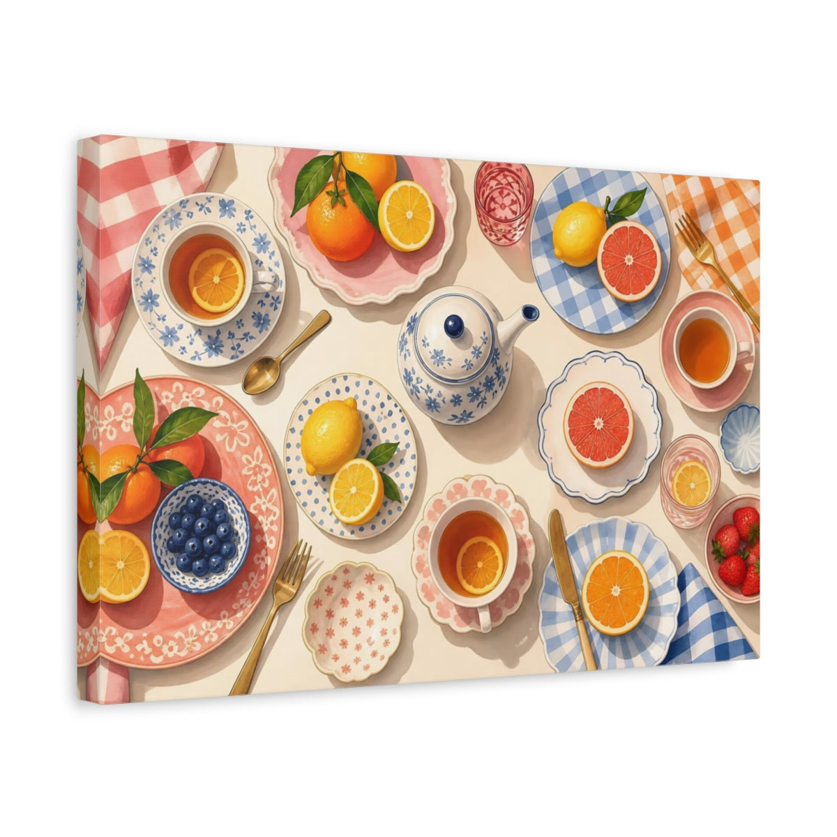 Side Mockup 4. Nature Citrus Fruits Afternoon Tea Scene shown as stretched canvas wall art