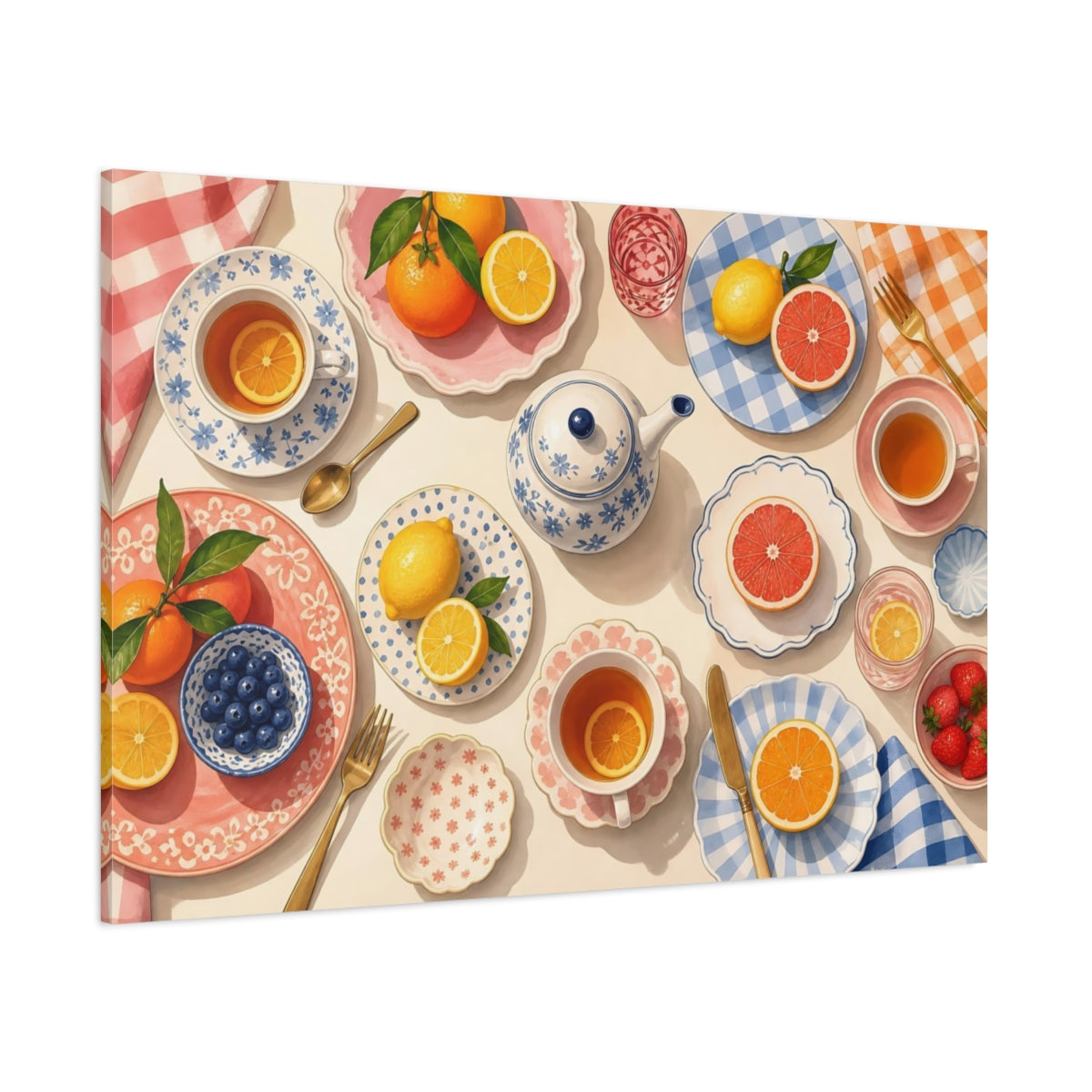Side Mockup 1. Nature Citrus Fruits Afternoon Tea Scene shown as stretched canvas wall art