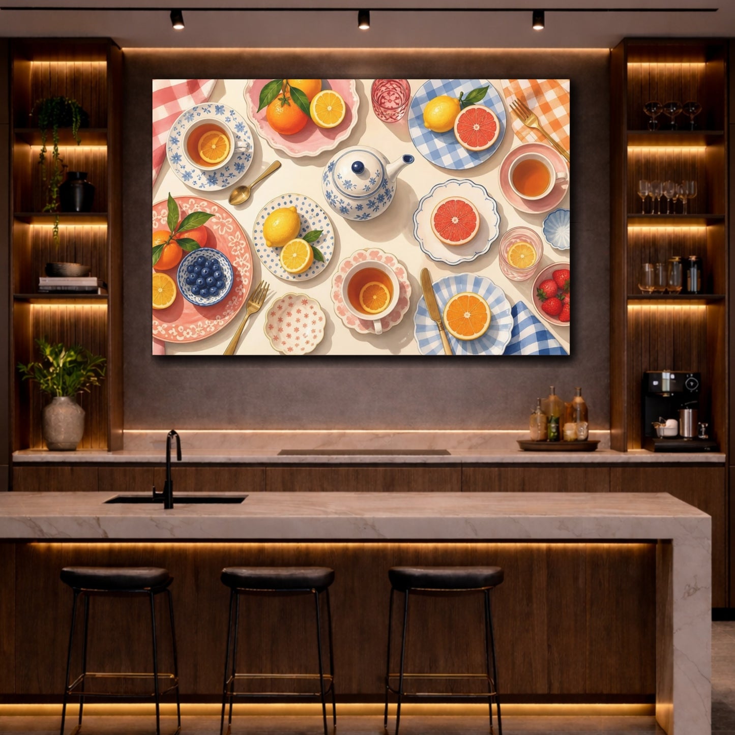 Mockup 2. Nature Citrus Fruits Afternoon Tea Scene shown as stretched canvas wall art