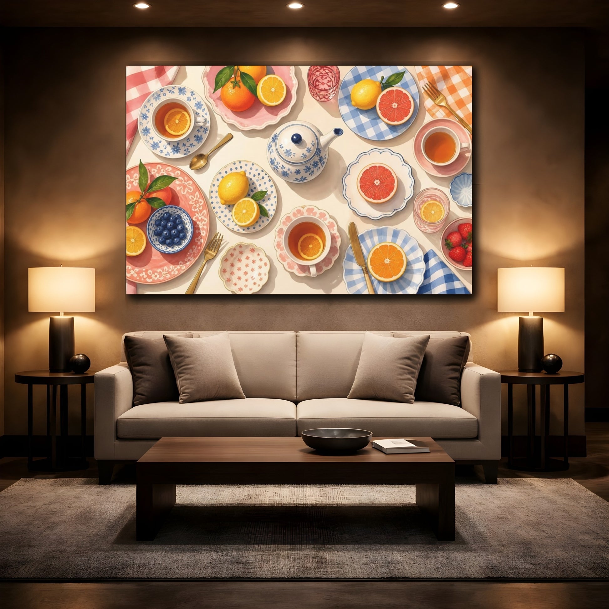 Mockup 3. Nature Citrus Fruits Afternoon Tea Scene shown as stretched canvas wall art