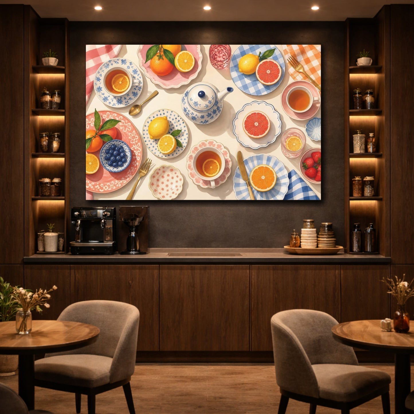 Mockup 4. Nature Citrus Fruits Afternoon Tea Scene shown as stretched canvas wall art