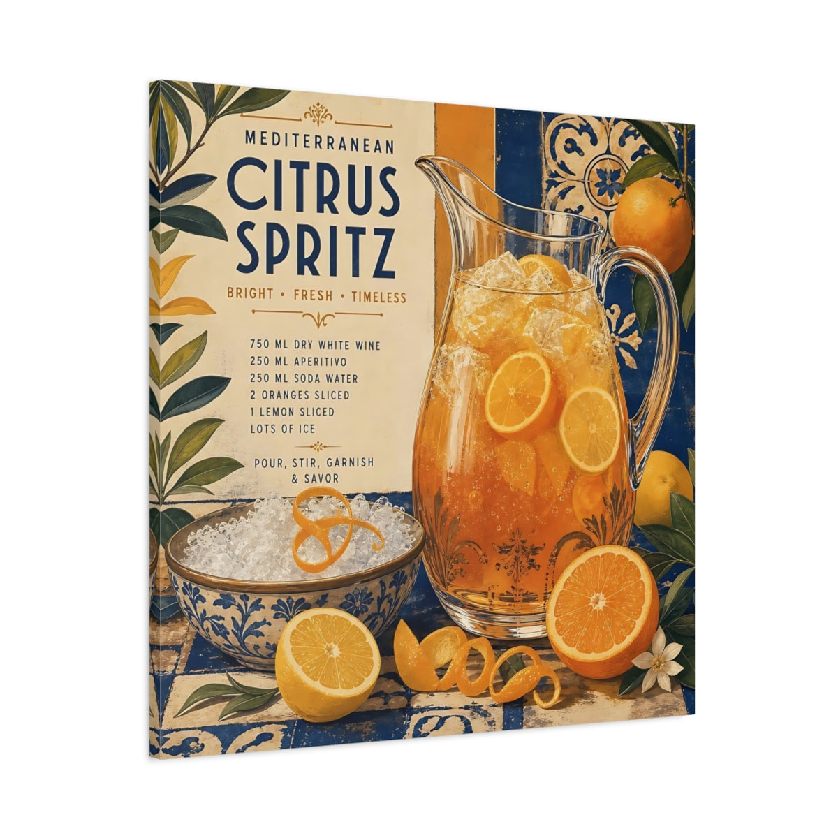 Main Mockup. Nature Citrus Spritz Orange And Blue shown as stretched canvas wall art