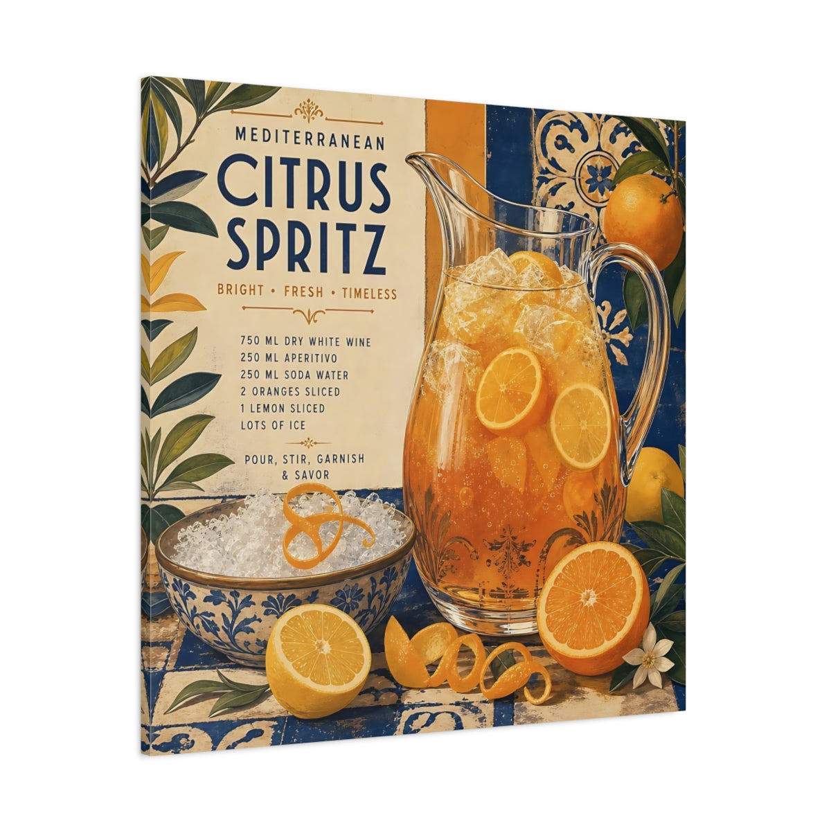 Side Mockup 1. Nature Citrus Spritz Orange And Blue shown as stretched canvas wall art