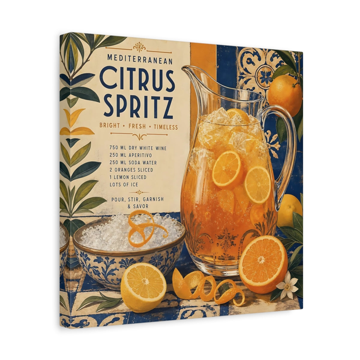 Side Mockup 7. Nature Citrus Spritz Orange And Blue shown as stretched canvas wall art
