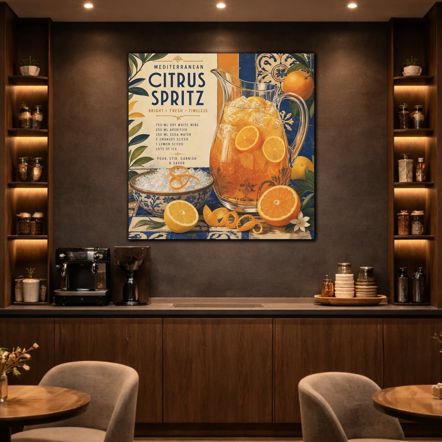Mockup 2. Nature Citrus Spritz Orange And Blue shown as stretched canvas wall art