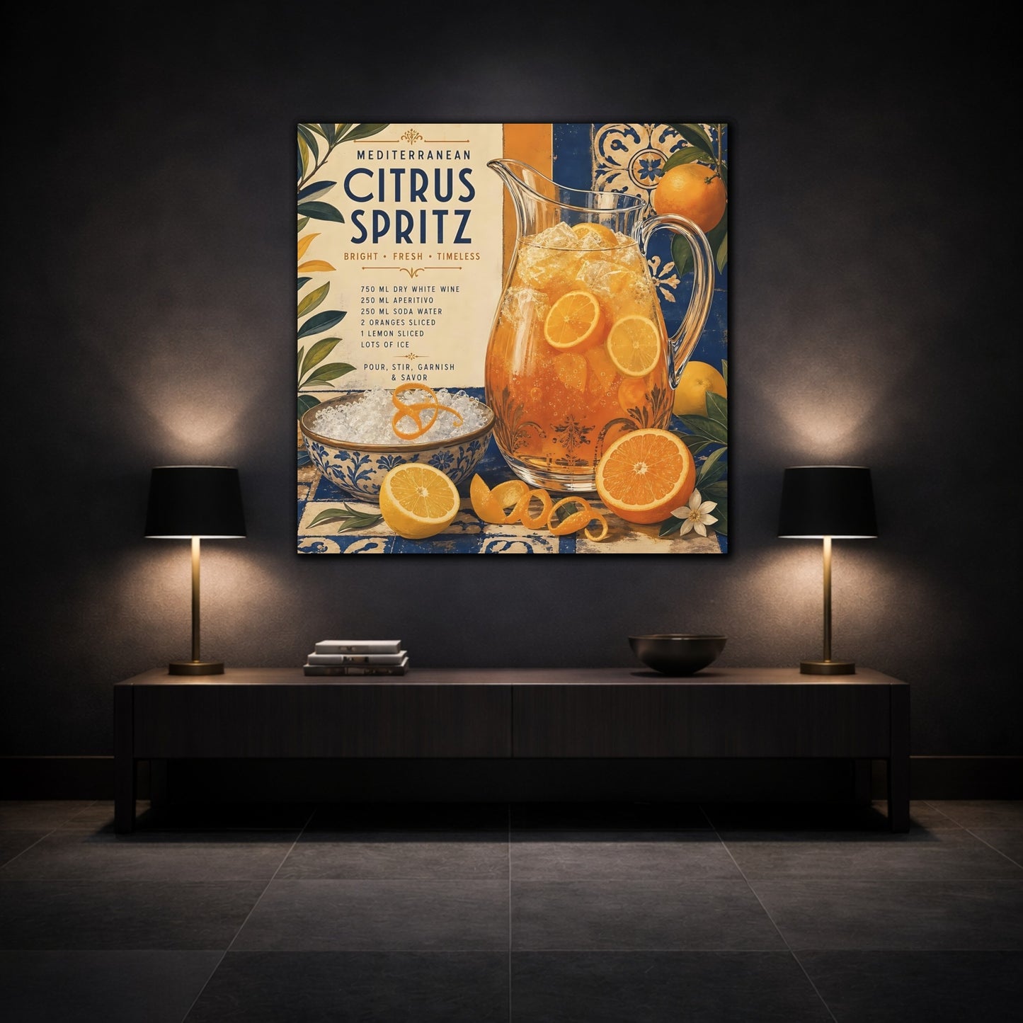 Mockup 3. Nature Citrus Spritz Orange And Blue shown as stretched canvas wall art