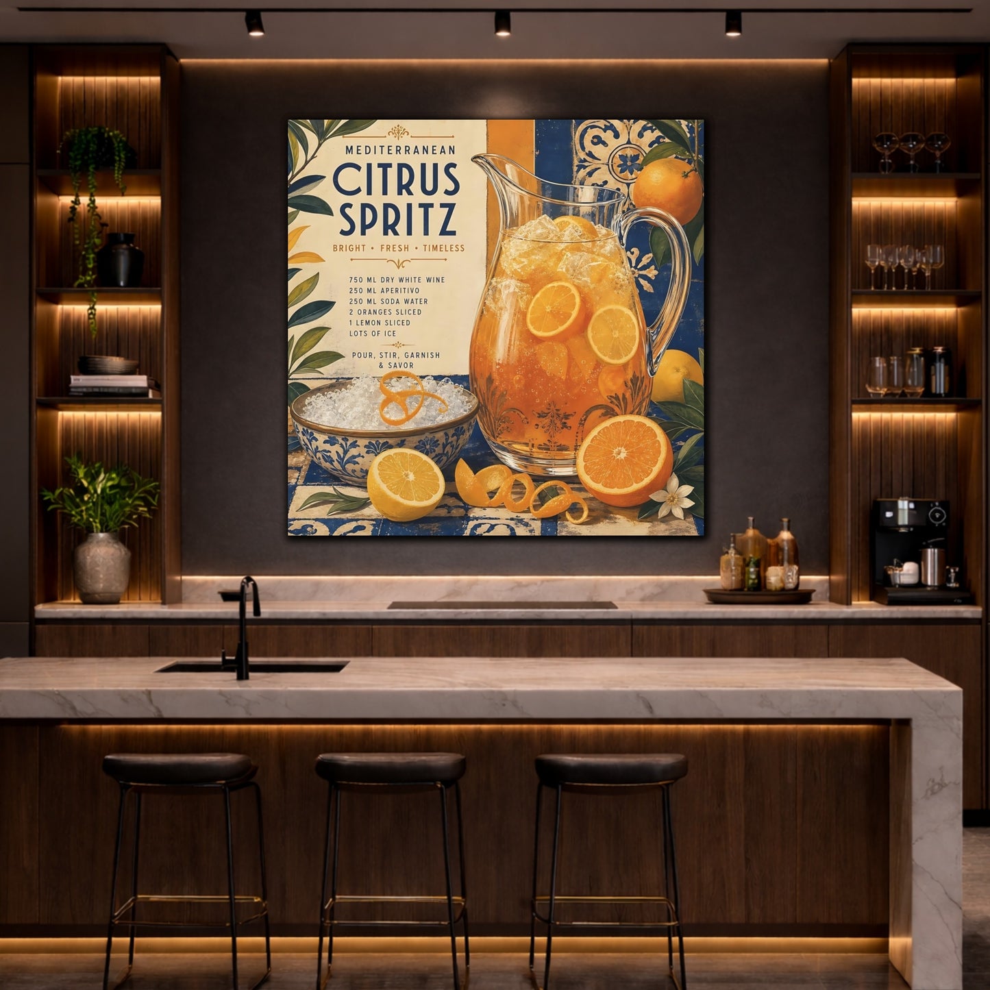 Mockup 4. Nature Citrus Spritz Orange And Blue shown as stretched canvas wall art
