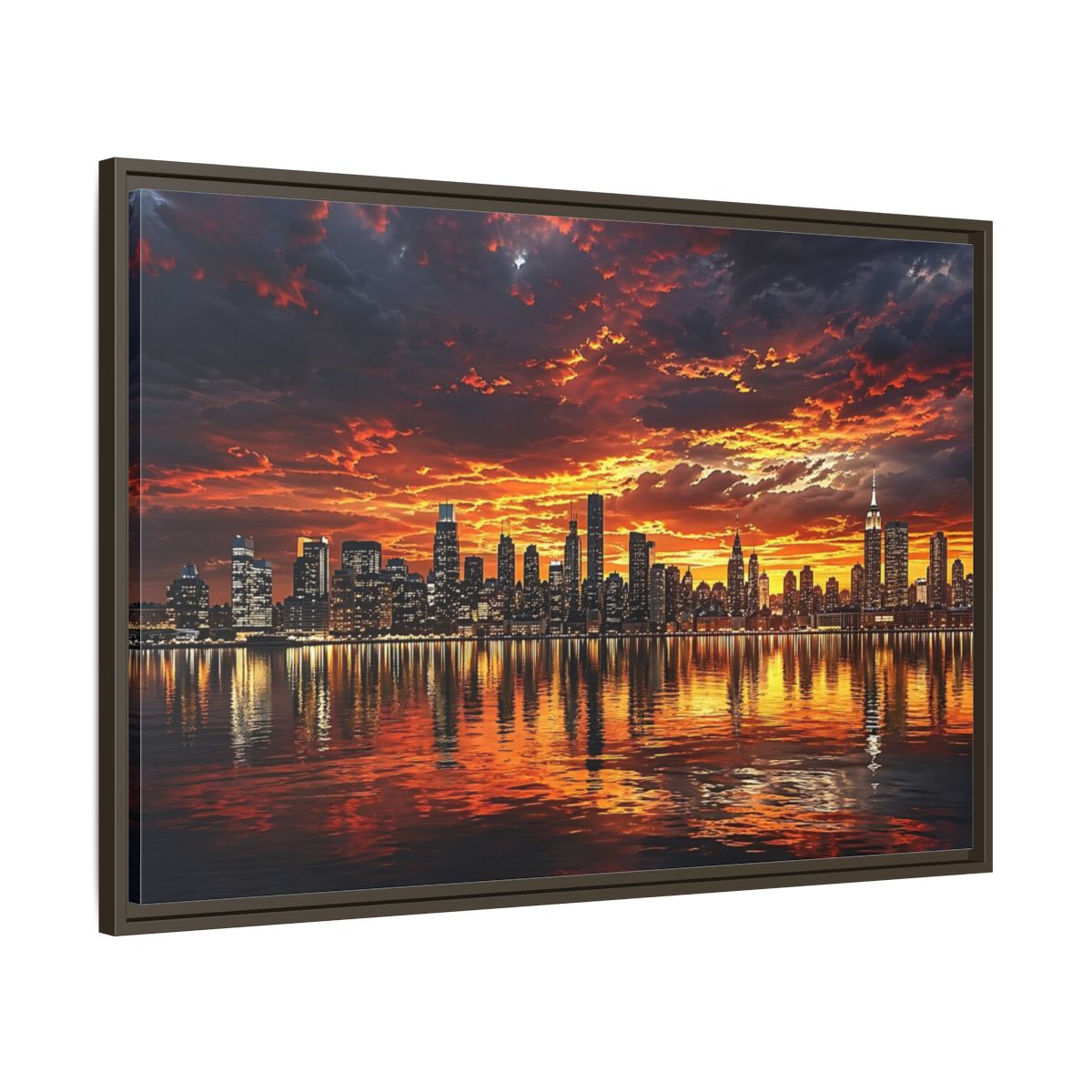 Main Mockup. Nature City Skyline Fiery Sunset shown as stretched canvas wall art
