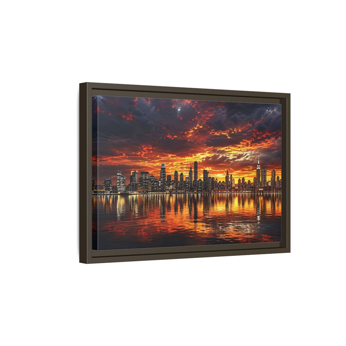 Side Mockup 5. Nature City Skyline Fiery Sunset shown as stretched canvas wall art