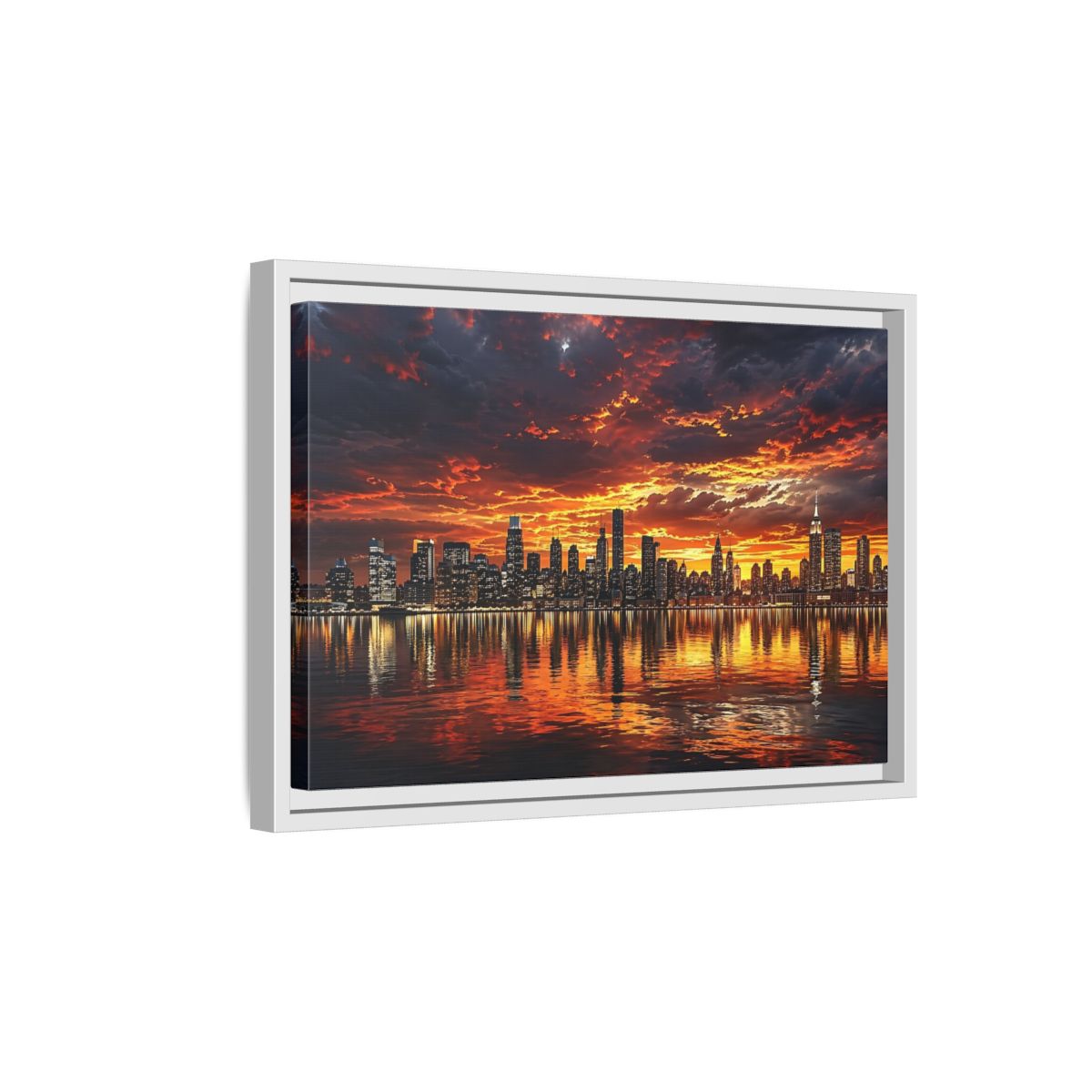 Side Mockup 4. Nature City Skyline Fiery Sunset shown as stretched canvas wall art