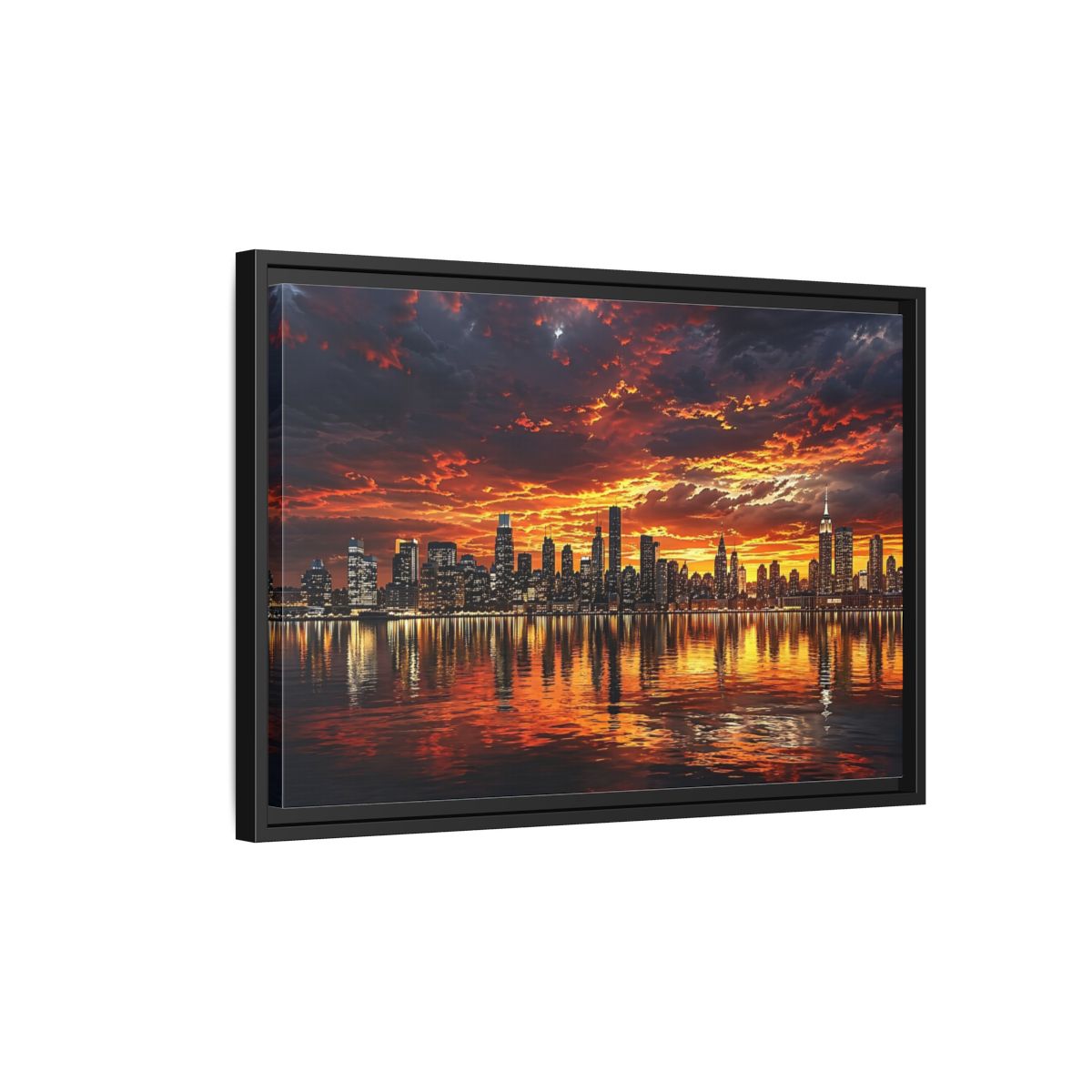 Side Mockup 3. Nature City Skyline Fiery Sunset shown as stretched canvas wall art