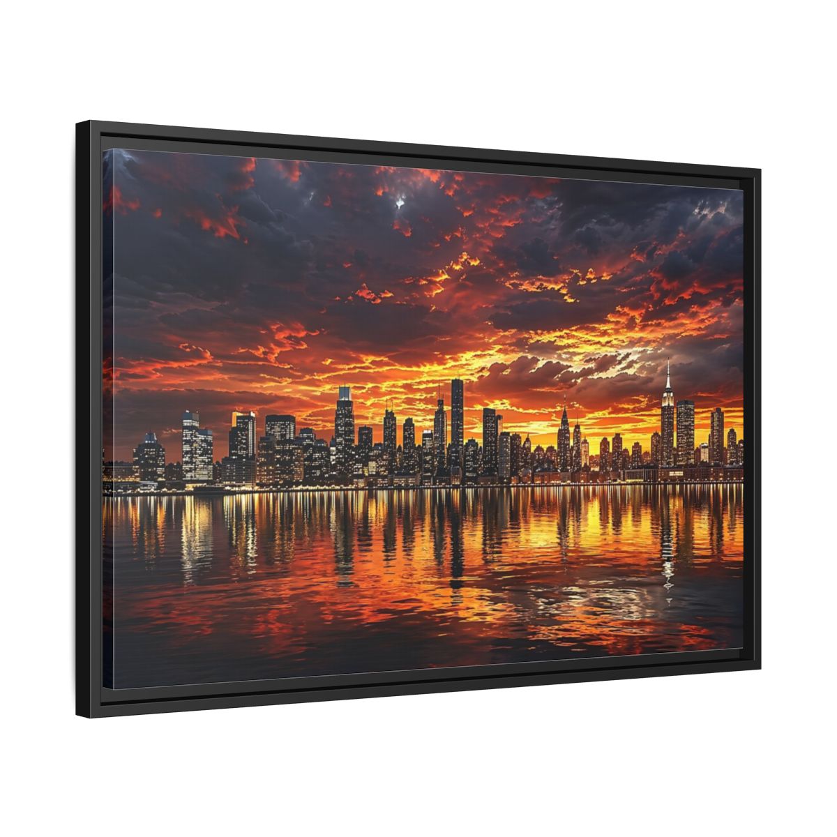 Side Mockup 14. Nature City Skyline Fiery Sunset shown as stretched canvas wall art