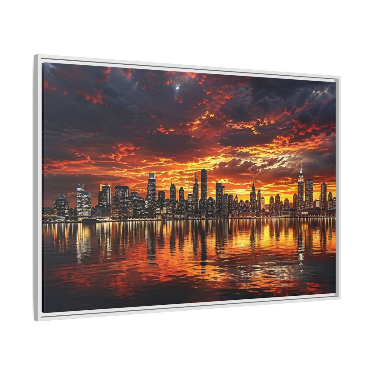 Side Mockup 7. Nature City Skyline Fiery Sunset shown as stretched canvas wall art