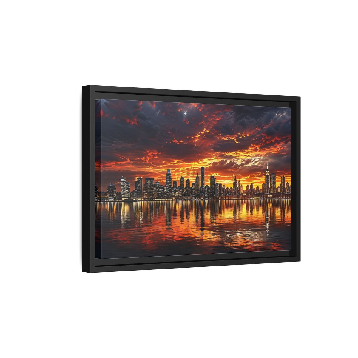 Side Mockup 6. Nature City Skyline Fiery Sunset shown as stretched canvas wall art