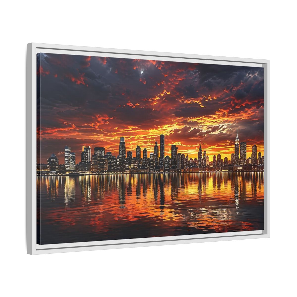 Side Mockup 10. Nature City Skyline Fiery Sunset shown as stretched canvas wall art