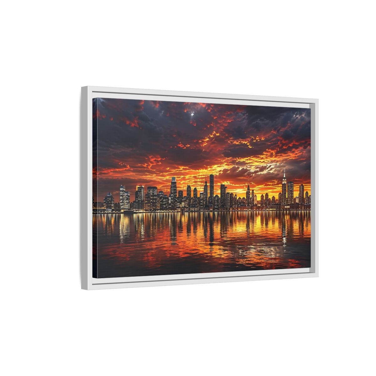 Side Mockup 1. Nature City Skyline Fiery Sunset shown as stretched canvas wall art