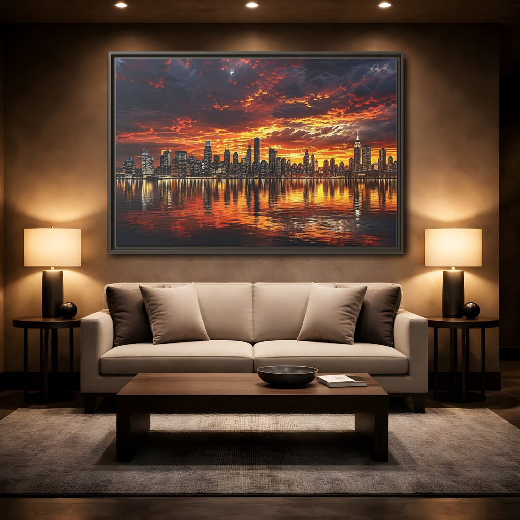 Mockup 2. Nature City Skyline Fiery Sunset shown as stretched canvas wall art
