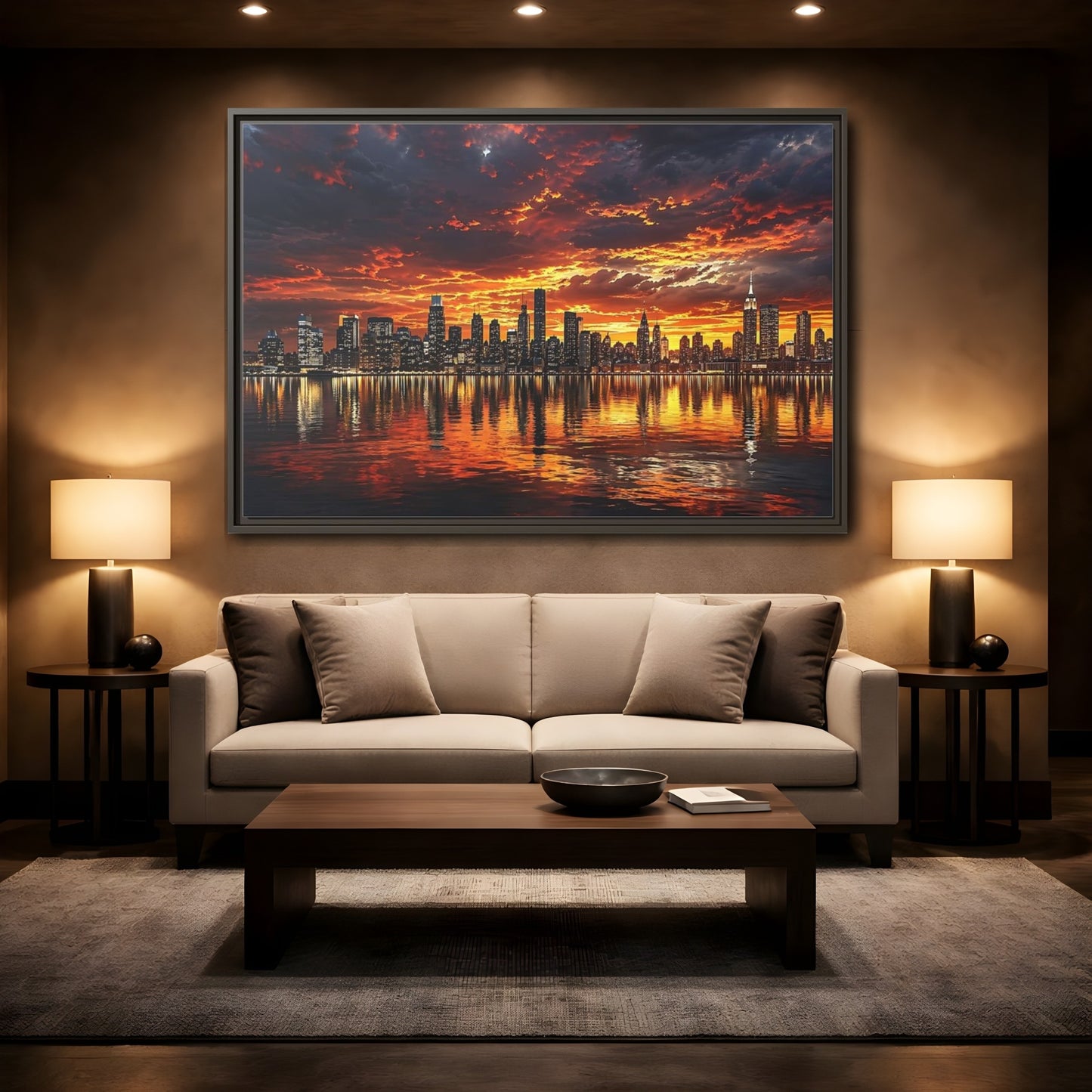 Mockup 2. Nature City Skyline Fiery Sunset shown as stretched canvas wall art