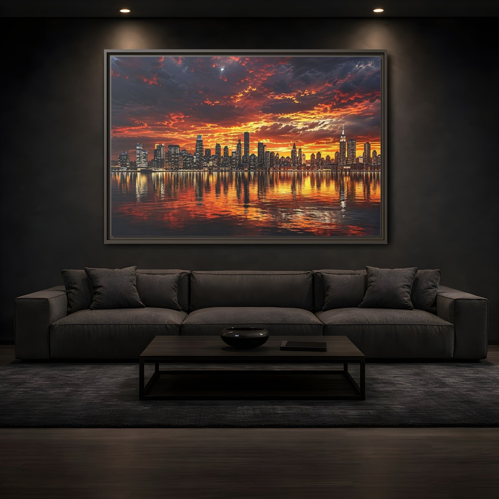 Mockup 3. Nature City Skyline Fiery Sunset shown as stretched canvas wall art