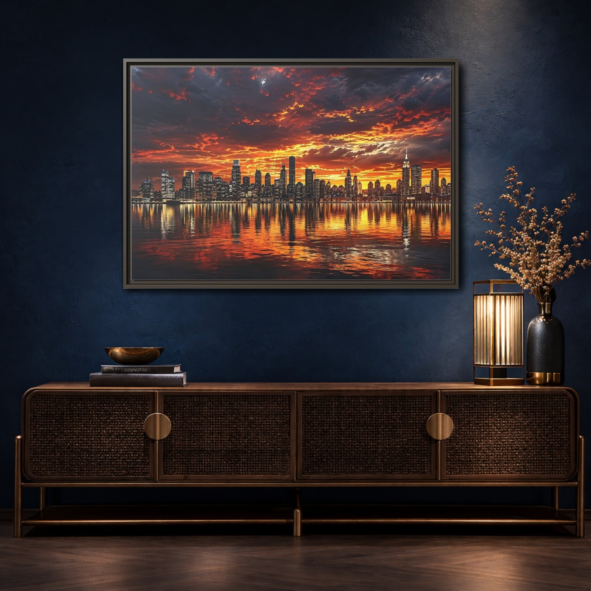 Mockup 4. Nature City Skyline Fiery Sunset shown as stretched canvas wall art